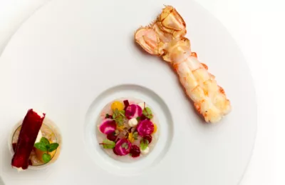 Langoustine met rode en gele biet en mierikswortel