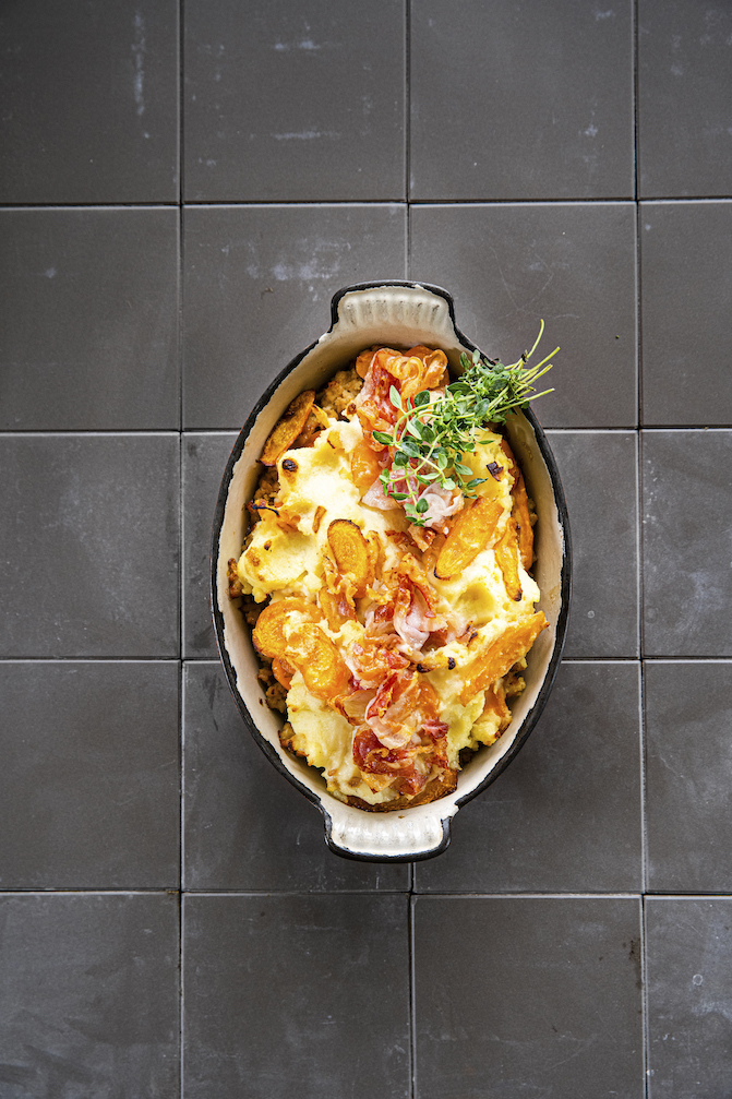 Parmentier met wortel & pancetta