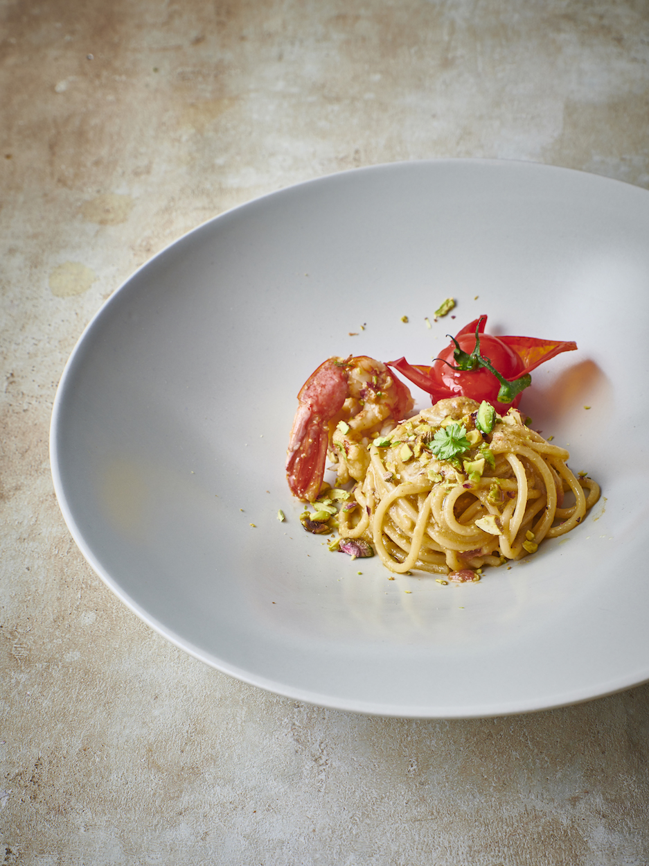 Pasta met garnalen en pesto van pistache