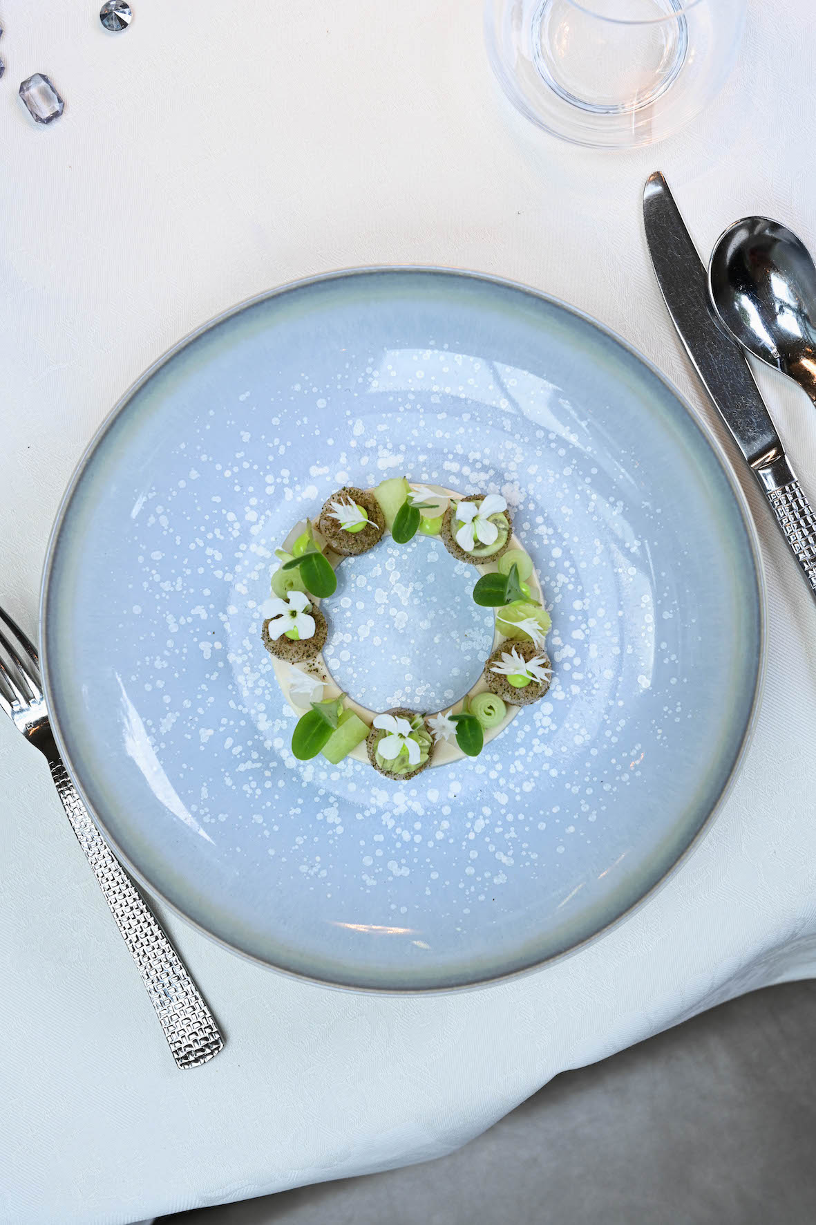 Yellowtail kingfish met citroenmirte, flan van dashi, daikon & wasabicrème