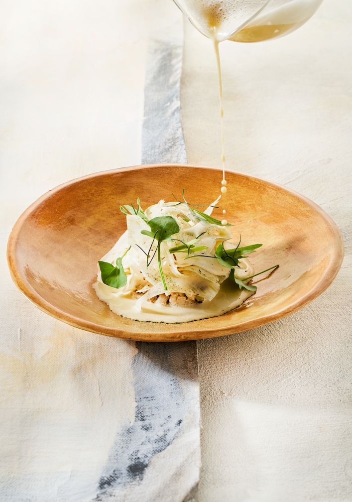 Crème van gerookte vlaswijting, venkel en kalamansi