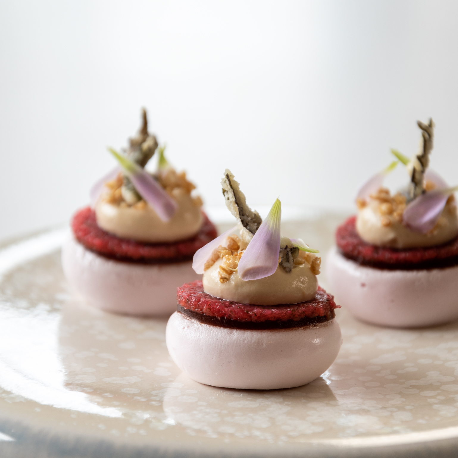 Amuse van radijs en meringue van paarse shiso