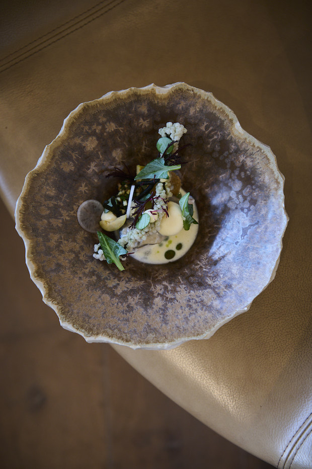Kingfish met oester, lavendel, krokante aardappel, jus van geitenboter & gordal olijven