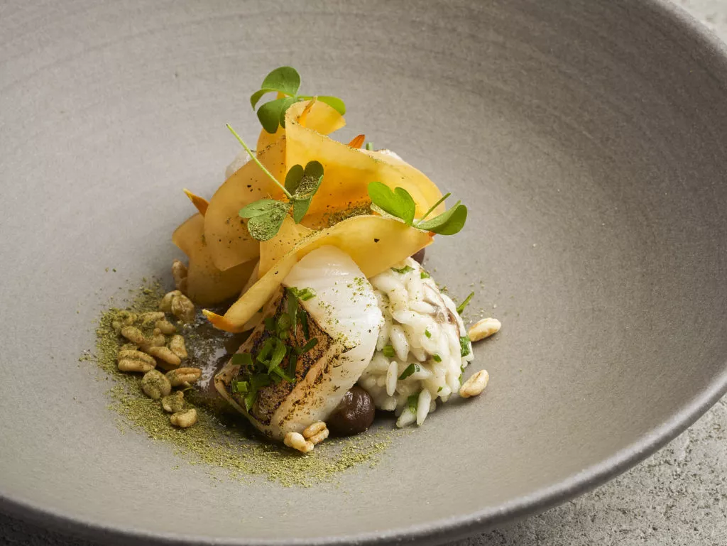 Steenbolk met kort gebakken risotto van kastanjezwam en butternut