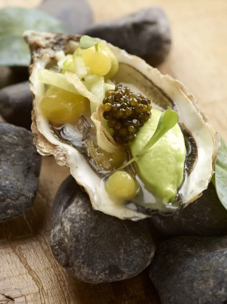 Oester met granny smith met gel van citroen en ijs van avocado