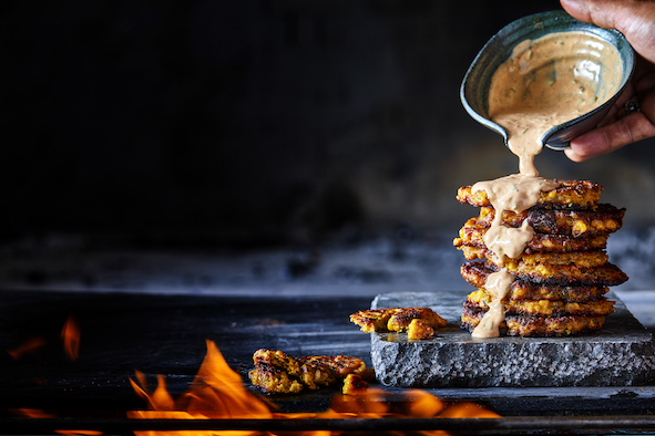 Crispy griddled bacon corn fritters
