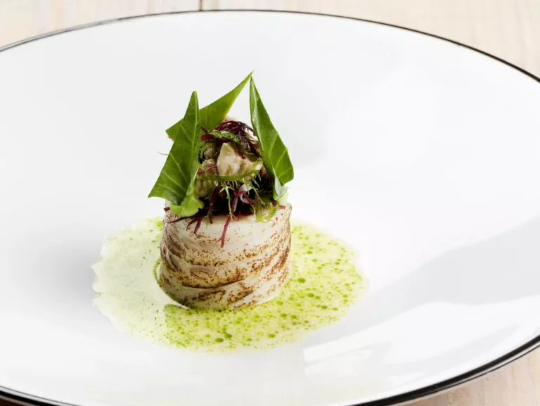 Gebrande rog met Oostendse oester, algen en verjus
