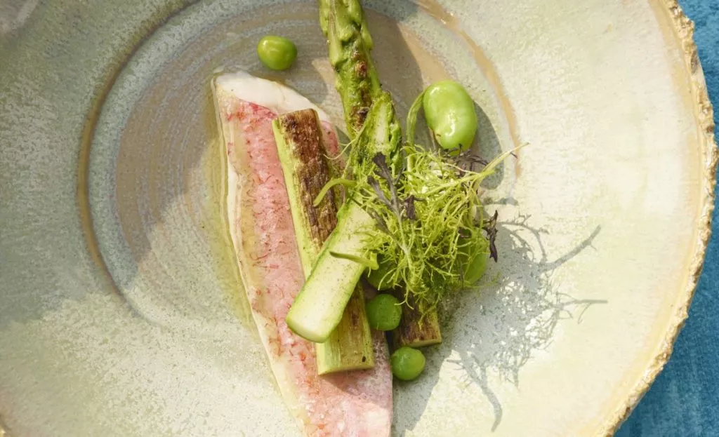 Gestoomde zeebarbeel met asperges, tuinbonen en erwten