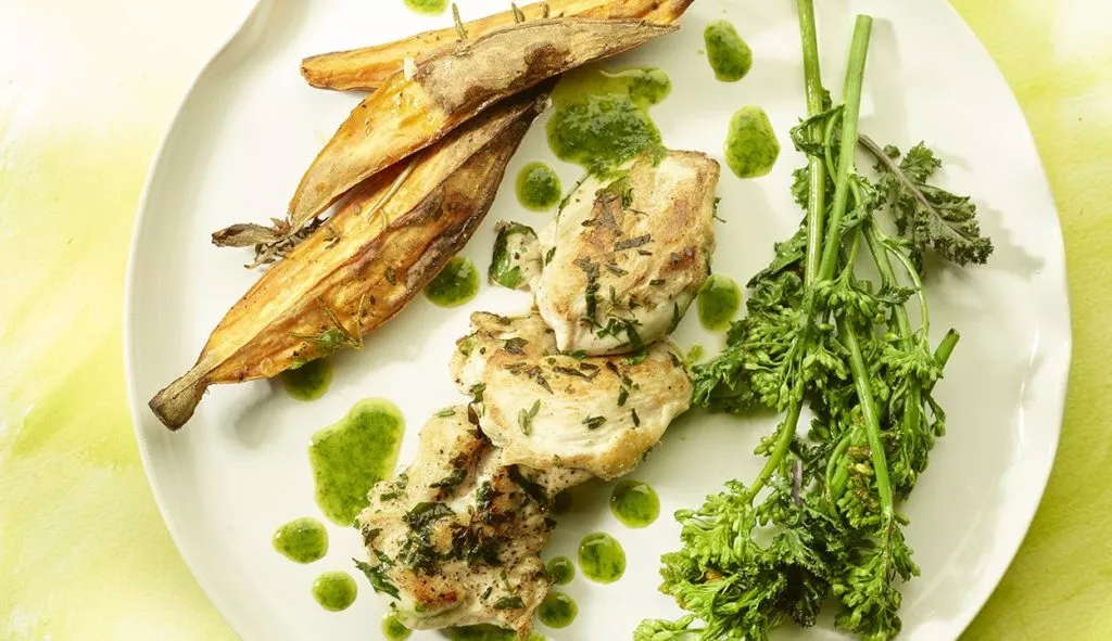 Mechelse koekoek met boerenkool, zoete aardappel en daslook