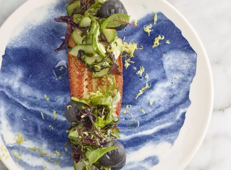 Sliptong met salade van komkommer en Zeeuwse algen en knolselderpuree