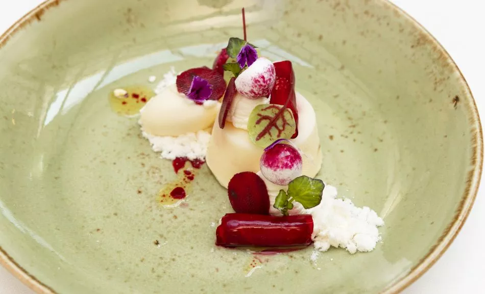 Rodebietpanna-cotta – yoghurt-dragonsorbet – kersenjus
