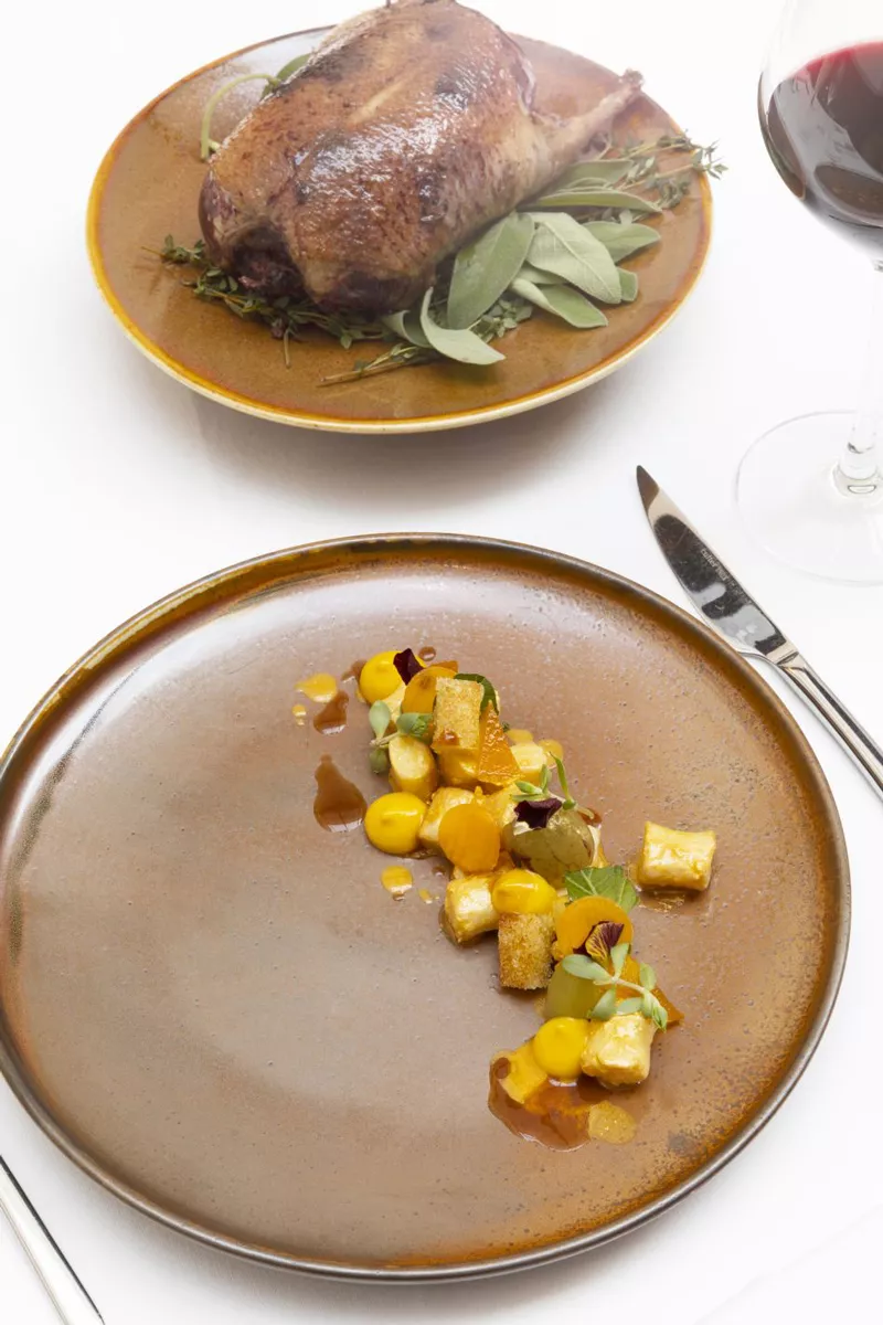 In hooi gerookte wilde eend – gnocchi van pompoen – jus van druiven
