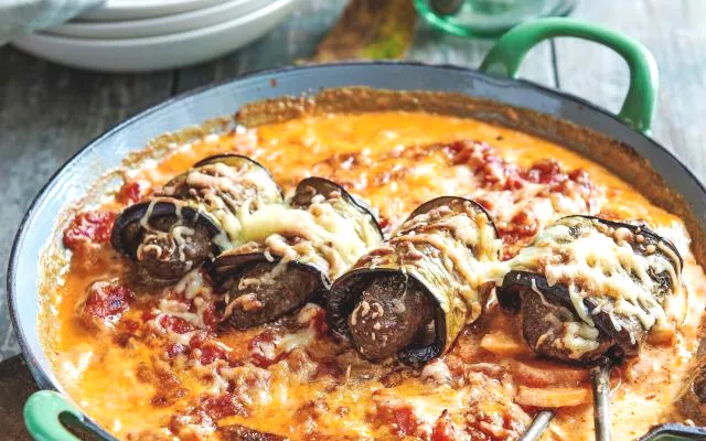 Auberginerolletjes met zoete aardappel