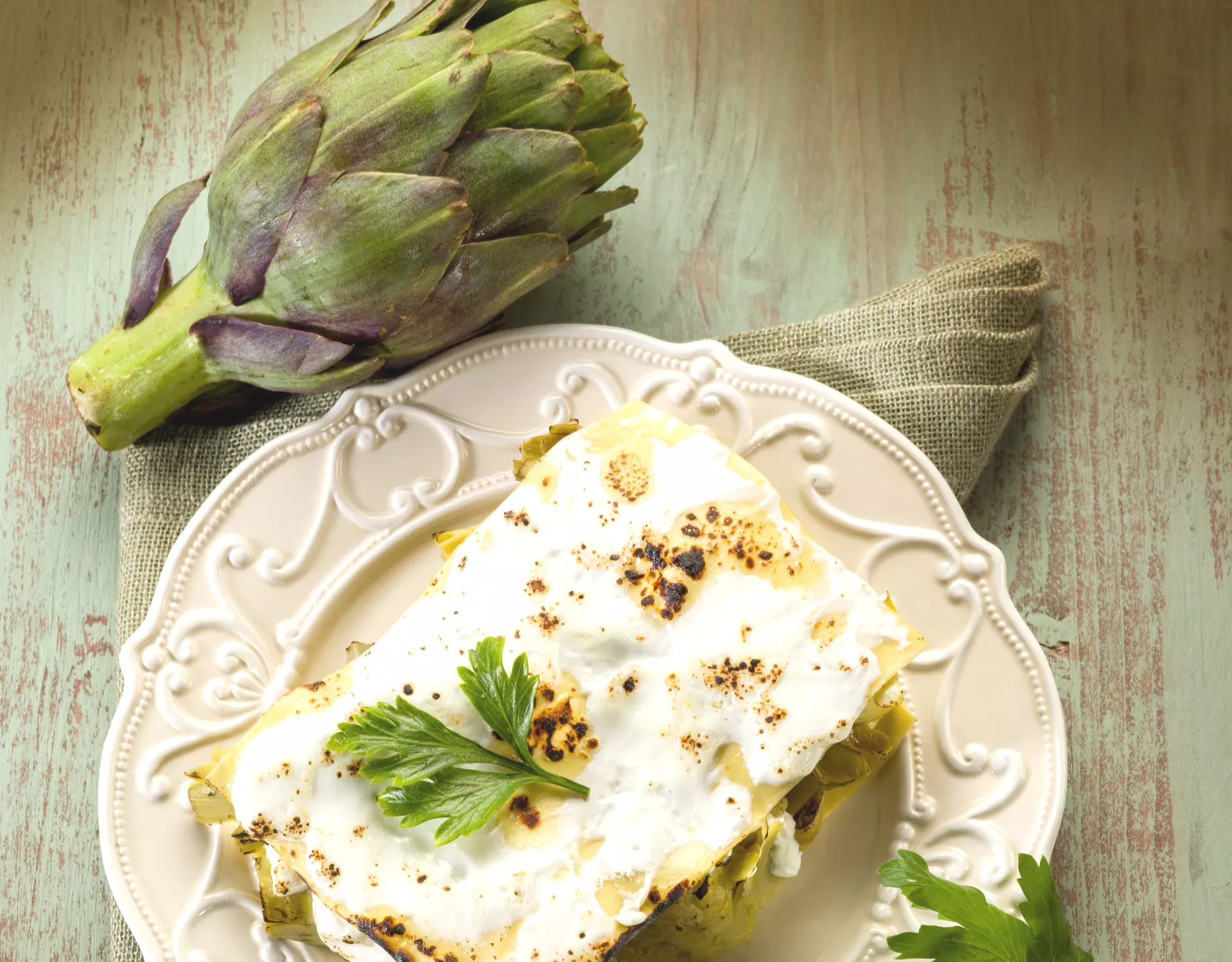 Lasagne met artisjokken en bladpeterselie