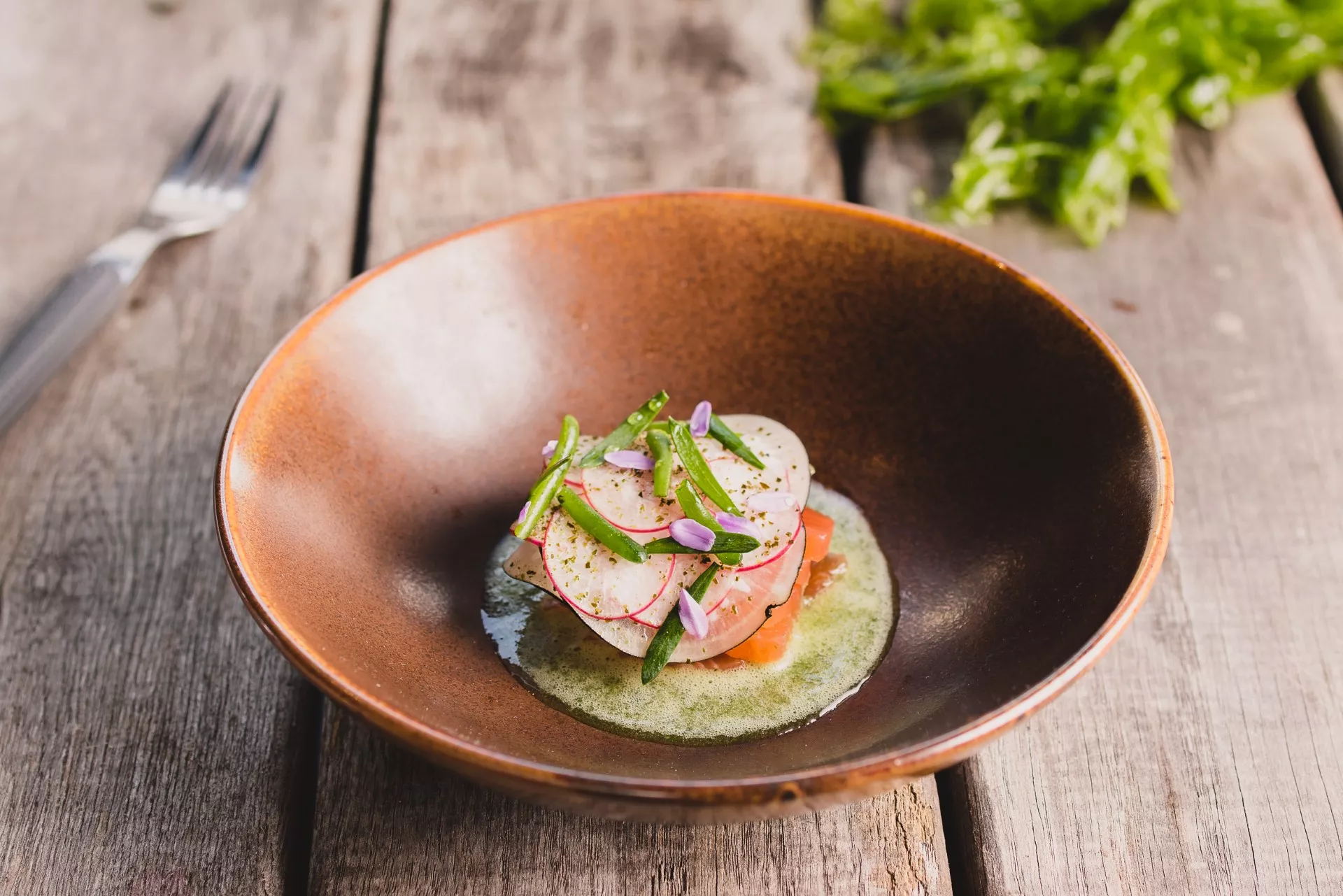 Gepekelde zalm met nori, eikenwier, radijs en rammenas