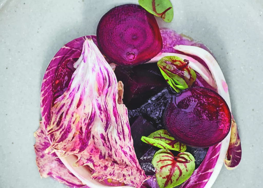 Bietengazpacho met castelfranco en bergamotvinaigrette