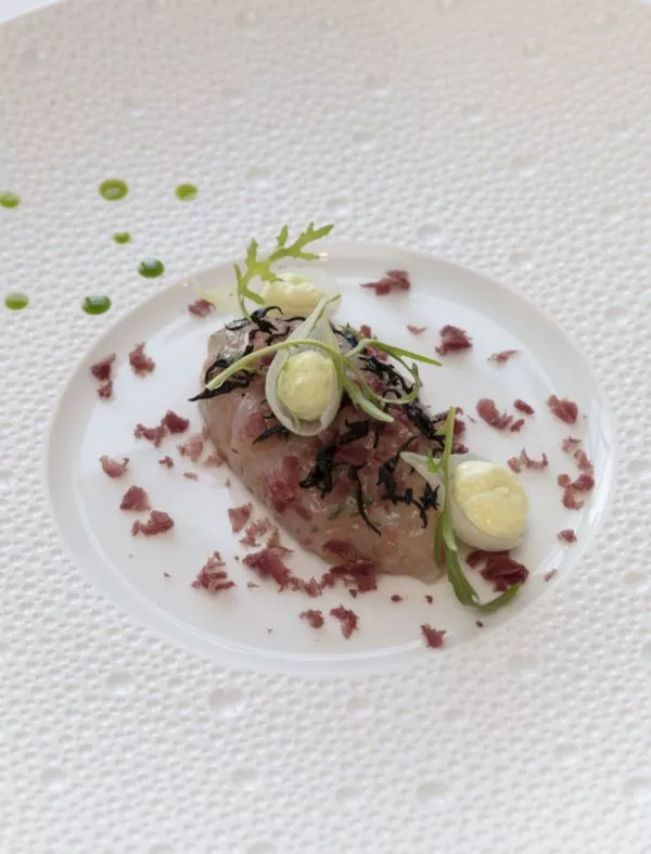 Tartaar van langoustines, crème van Tierenteynpickles, hijiki en prei-olie