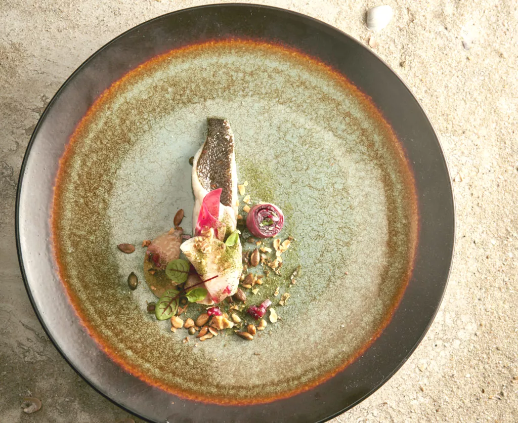 Mi-cuit van pladijs met rode biet, koolrabi en vinaigrette van rode biet