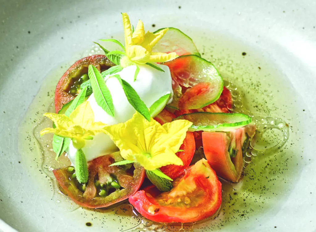 Oertomaten en komkommer met vanille-tomatenwater en citroensorbet