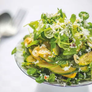 Courgettesalade, waterkers, barilotto
