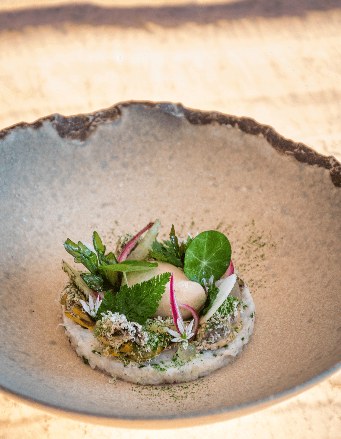 Kabeljauwsalade met mousse van gerookte soja, venkel, mosselen en lavas met een jus van karnemelk en daslook